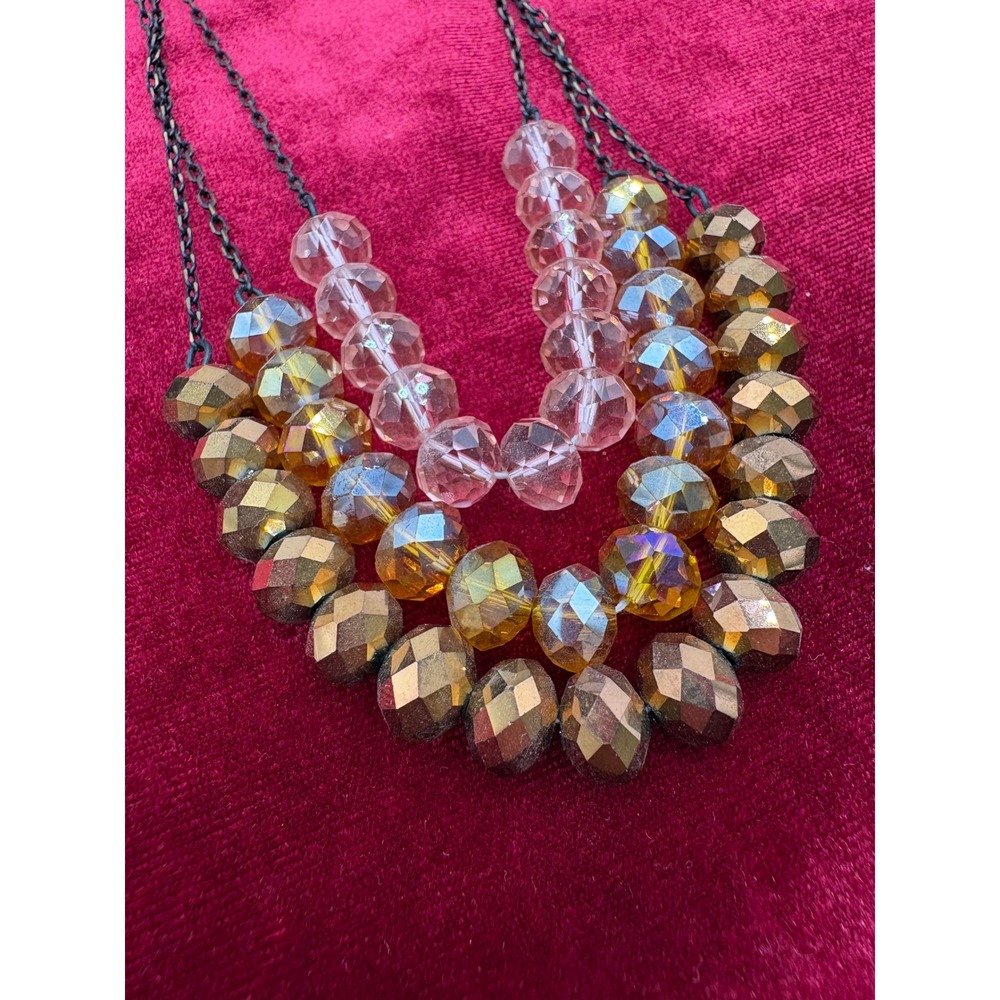 Express Womens Triple Strand Beaded Bib Necklace Pink Amber Bronze Gunmetal